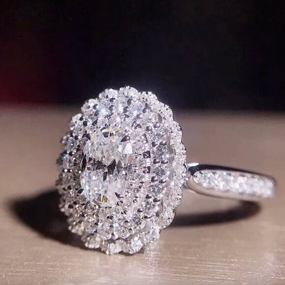 14k White Gold Diamond Ring Pave Diamond Oval Cut Ring - Picture 2 of 5